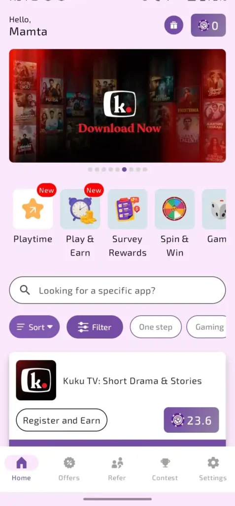 Rupiyo app dashboard screenshot showing earning categories Rupiyo app dashboard screenshot showing earning categories