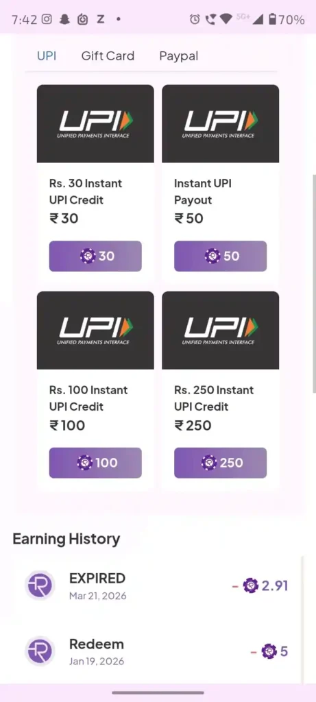 Rupiyo withdrawal proof screenshot showing UPI PayPal gift card options Rupiyo withdrawal proof screenshot showing UPI PayPal gift card options