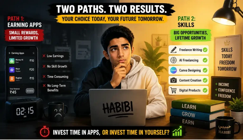 Student comparing earning apps with skill development for long-term online income Student comparing earning apps with skill development for long-term online income